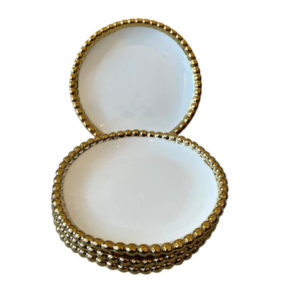 Baroque Ceramic Appetizer Plates 6in Gold Beaded Trim Set of 4 White New - Picture 1 of 11
